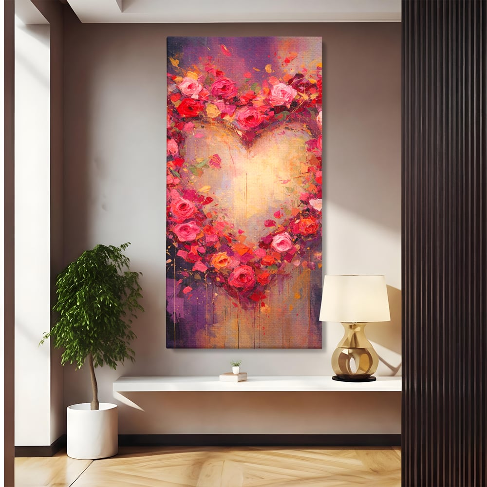 Tablou canvas cu tablou canvas cu inima din trandafiri, fara rama, pe sasiu de lemn